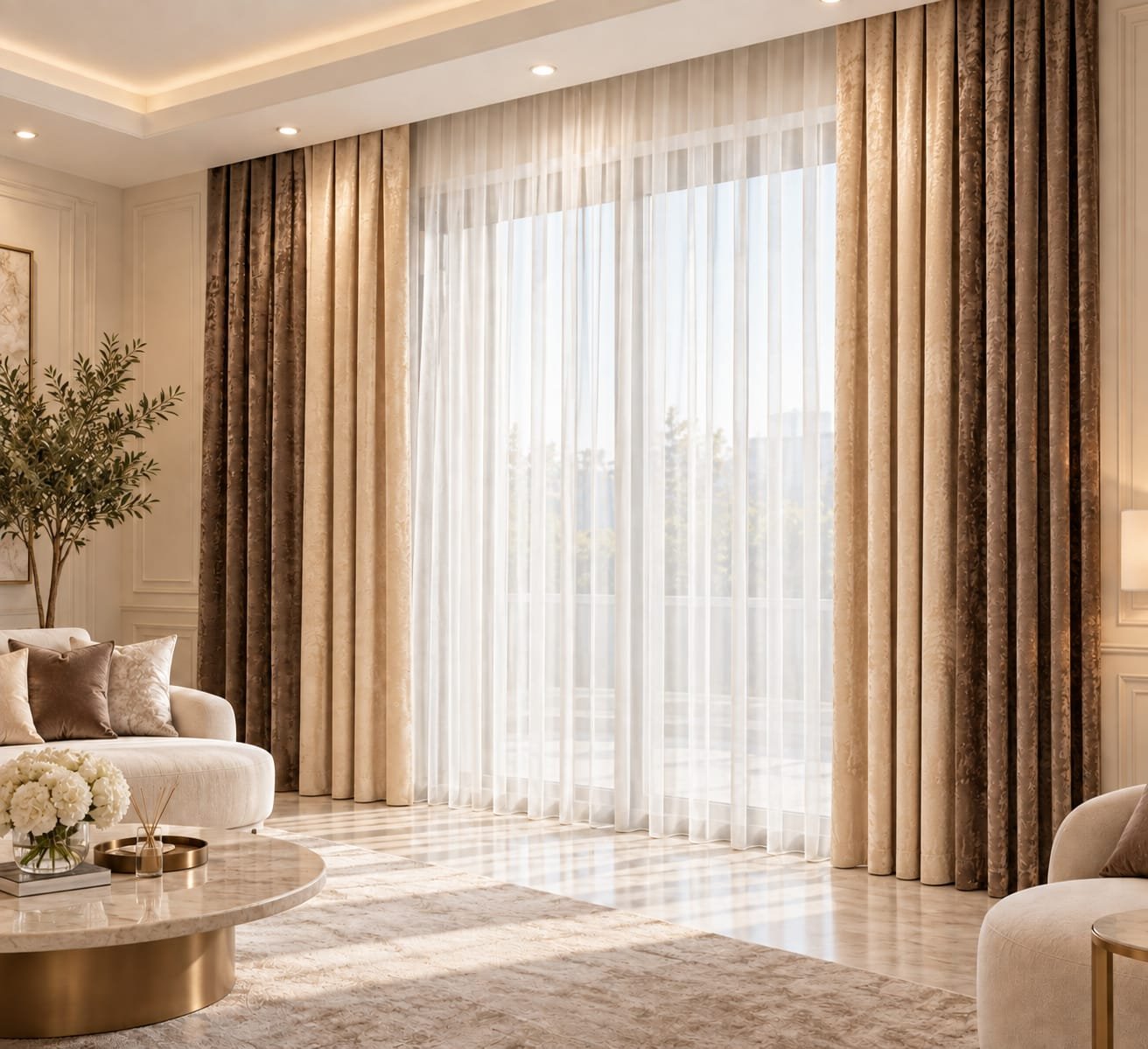 Draperie catifeastructurata bej capucino in doua culori +perdea voal alb Draperii din catifea structurata din doua culori maro si bej, prevazute cu rejansa pliu cu pliu .